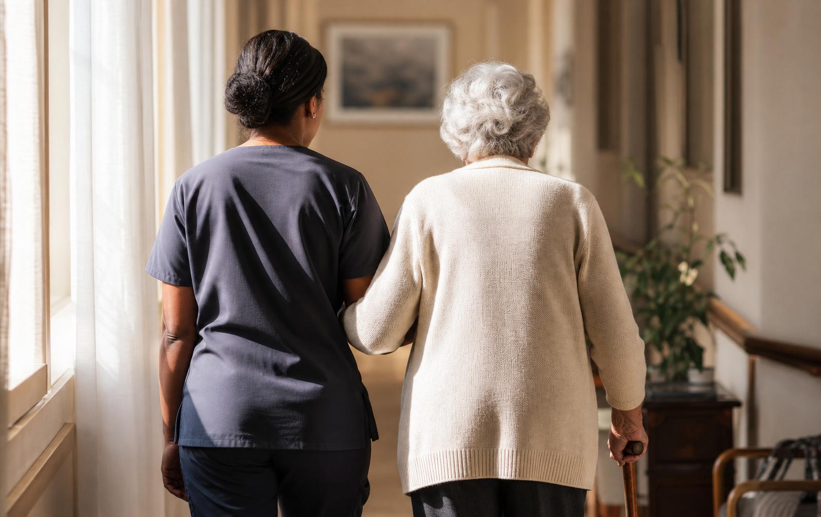 A caregiver walking arm-in-arm with an elderly resident down a sunlit hallway